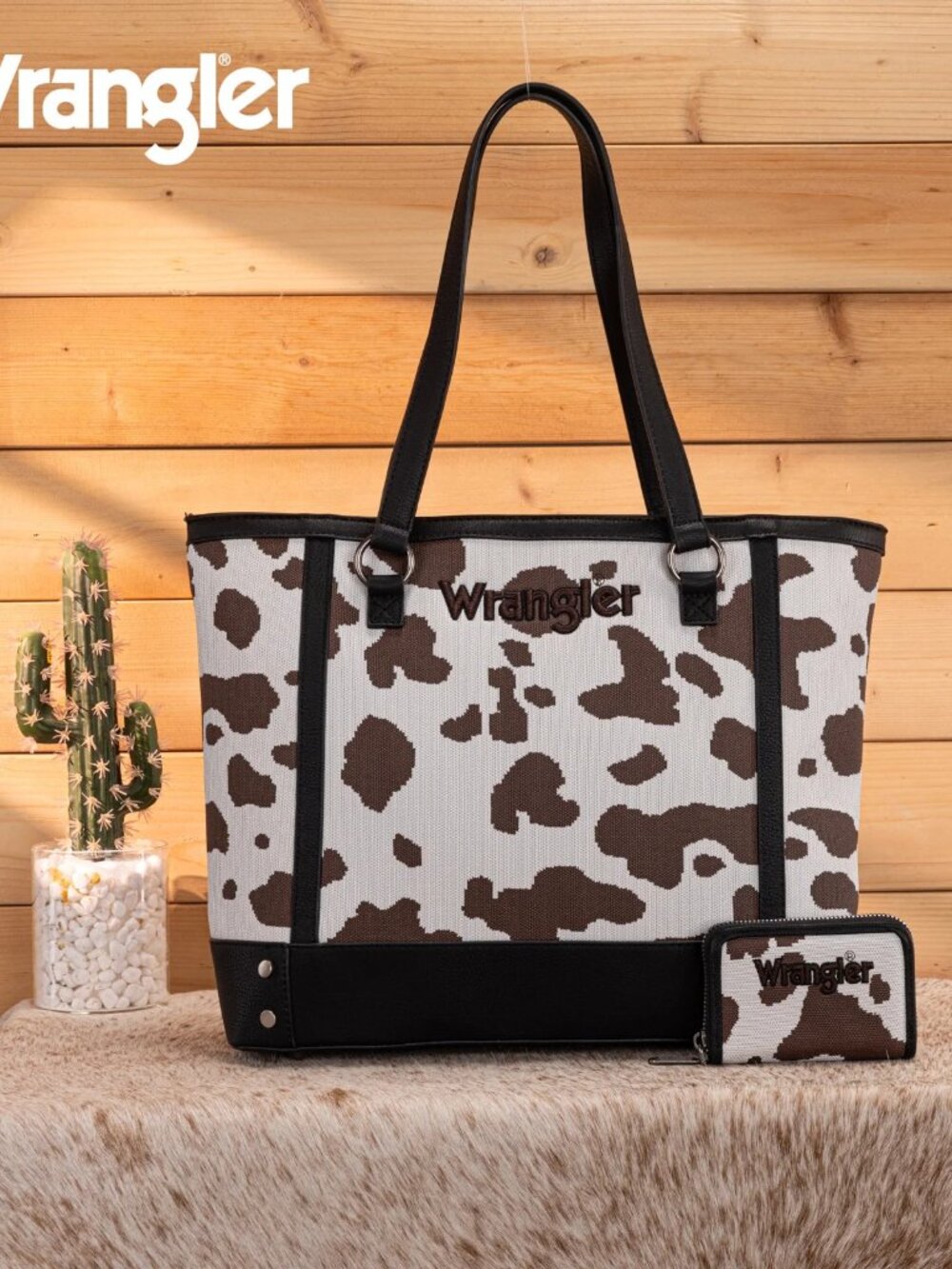 Wrangler Cow Print Tote and Wallet Set Black